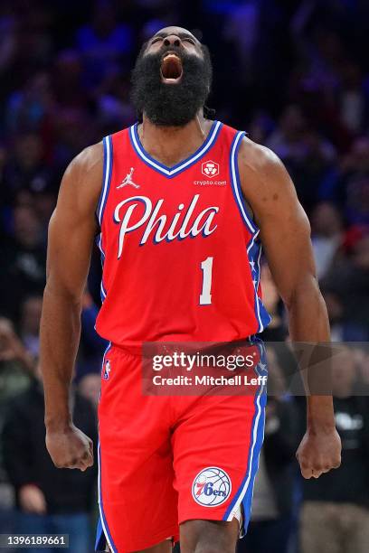 James Harden of the Philadelphia 76ers reacts against the Miami Heat during Game Four of the 2022 NBA Playoffs Eastern Conference Semifinals at the...