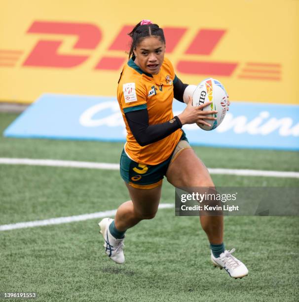 Faith Nathan of Australia runs with the ball against Ireland during a Women's HSBC World Rugby Sevens Series match at Starlight Stadium on May 1,...
