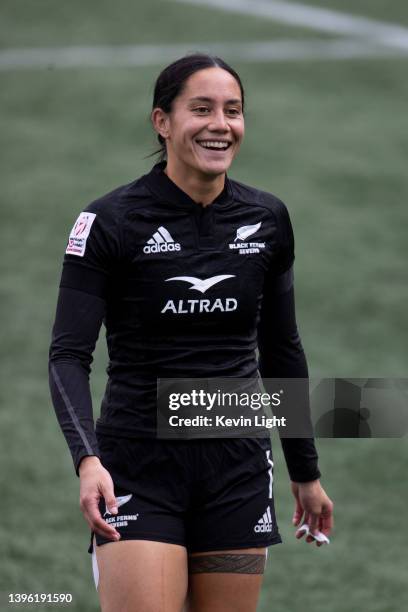 Shiray Kaka of New Zealand looks on against France during a Women's HSBC World Rugby Sevens Series match at Starlight Stadium on May 1, 2022 in...