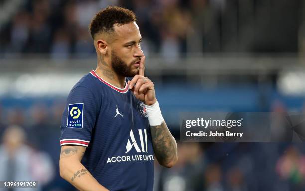 Neymar Jr of PSG celebrates his goal - ultimately cancelled - during the Ligue 1 Uber Eats match between Paris Saint-Germain and ESTAC Troyes at Parc...