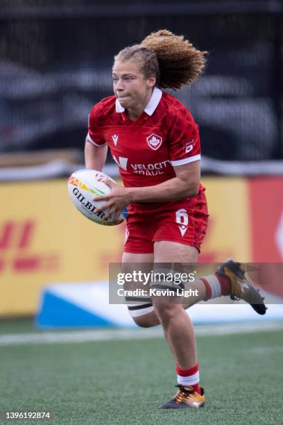 Renee Gonzalez of Canada runs with with the ball against team USA during a Women's HSBC World Rugby Sevens Series match at Starlight Stadium on May...