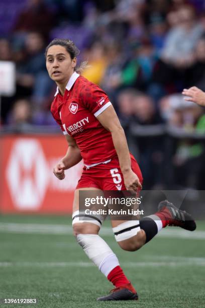 Nakisa Levale of Canada runs against team USA during a Women's HSBC World Rugby Sevens Series match at Starlight Stadium on May 1, 2022 in Langford,...
