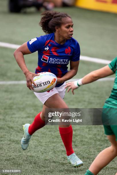 Yolaine Yengo of France runs with the ball against Ireland during a Women's HSBC World Rugby Sevens Series match at Starlight Stadium on May 1, 2022...