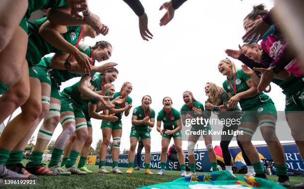 Team Ireland Head Coach Aiden McNulty leads celebratory clapping cheer following a bronze medal victory against France during the Women's HSBC World...