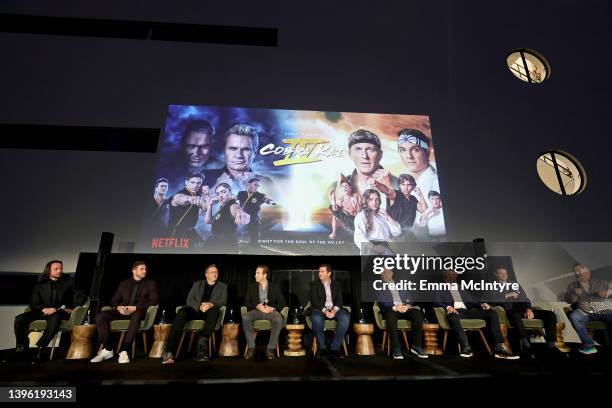 Don Lee, Ken Barefield, Patrick Hogan, Hayden Schlossberg, Jon Hurwitz, Josh Heald, William Zabka, Ralph Macchio, and Patton Oswalt speak onstage...