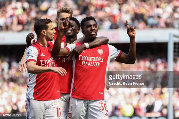 Eddie Nketiah of Arsenal celebrates after scoring his teams first goal during the Premier League match between Arsenal and Leeds United at Emirates...