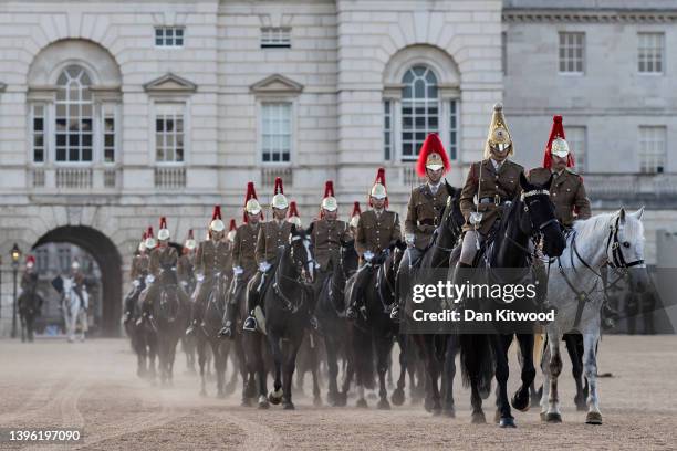 Military units take part in a rehearsal at dawn ahead of the State Opening of Parliament in Westminster on May 09, 2022 in London, England. An array...