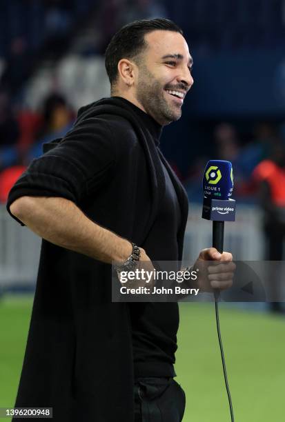Adil Rami of Troyes answers to Amazon Prime Video following the Ligue 1 Uber Eats match between Paris Saint-Germain and ESTAC Troyes at Parc des...