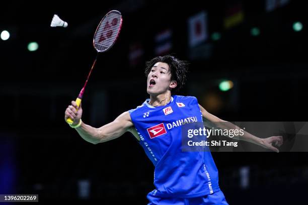 Riku Hatano of Japan competes in the Men's Singles match against William Hu of the United States during day two of the BWF Thomas and Uber Cup Finals...