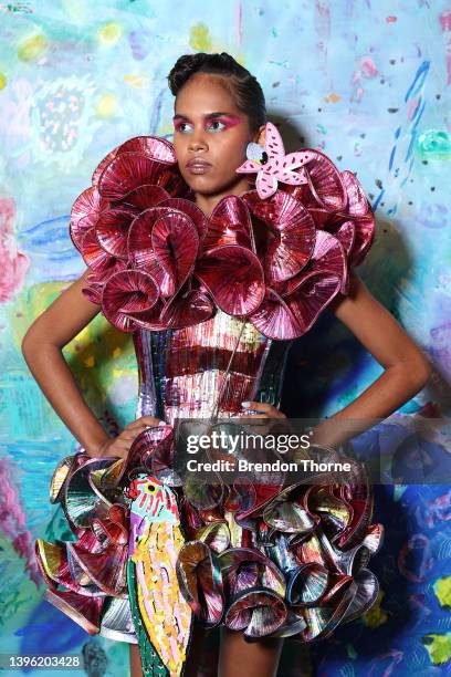 Model poses backstage ahead of the Romance Was Born show during Afterpay Australian Fashion Week 2022 Resort '23 Collections at Ken Done Gallery, The...