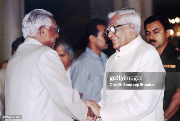 President K R Narayanan greets former President R Vnkataraman at Rashtrapati Bhawan in New Delhi, July 21, 2001.