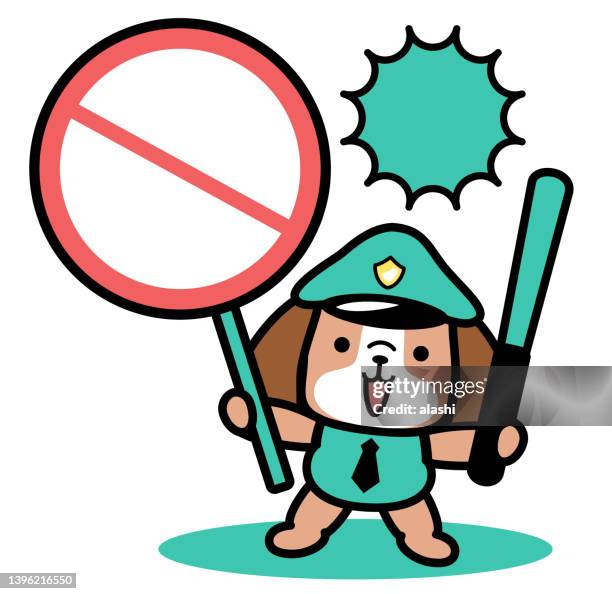 a cute dog police officer standing and holding a nightstick and prohibition sign or no symbol - smuggling stock illustrations