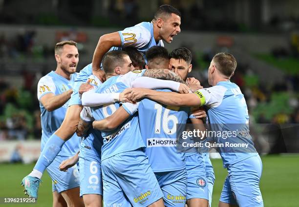 Melbourne City celebrate a goal during the A-League Men's match between Melbourne City and Wellington Phoenix at AAMI Park, on May 09 in Melbourne,...