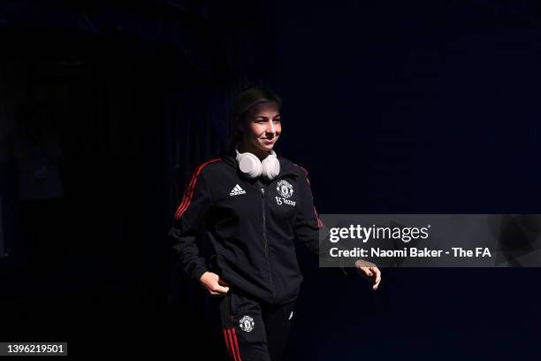 Jackie Groenen of Manchester United inspects the pitch ahead of the Barclays FA Women's Super League match between Chelsea Women and Manchester...