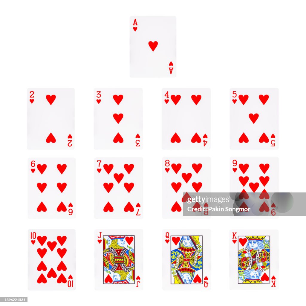 Collections group of hearts playing cards isolated on a white background. clipping path