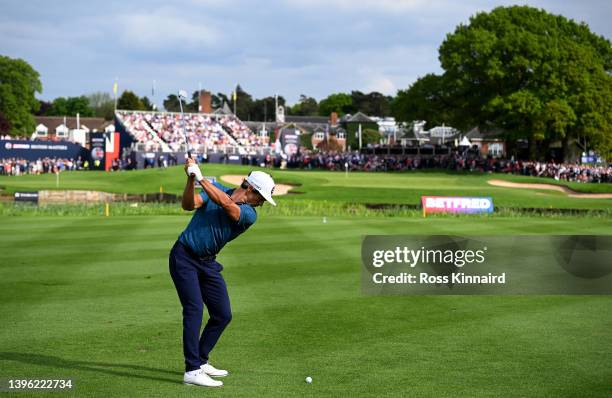 Thorbjorn Olesen of Denmark plays his second shot on the 18th hole during the final round of the Betfred British Masters hosted by Danny Willett at...