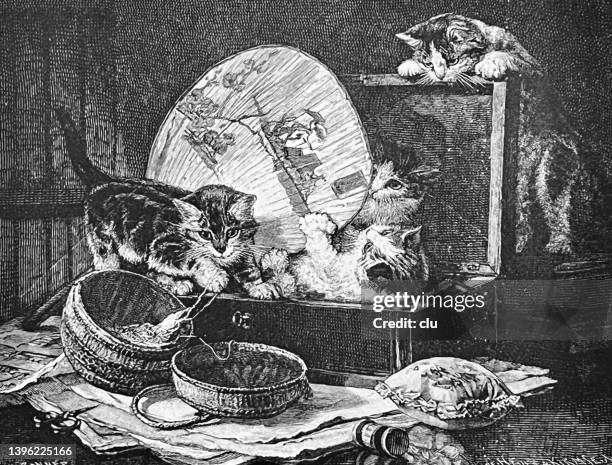 kittens mess up sewing kits - kittens basket stock illustrations