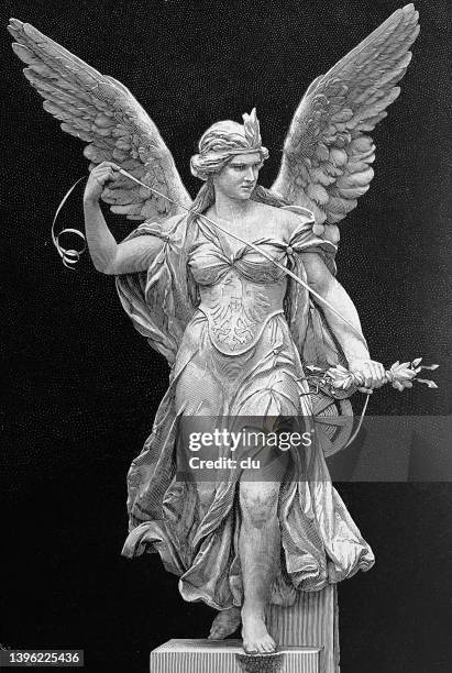 ilustraciones, imágenes clip art, dibujos animados e iconos de stock de edificio postal de leipzig, estatua del ángel sosteniendo un carrete de cable - ángel