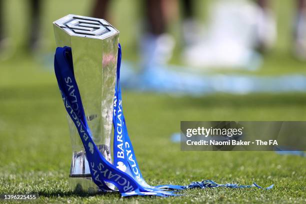 The WSL Trophy is pictured during the Barclays FA Women's Super League match between Chelsea Women and Manchester United Women at Kingsmeadow on May...