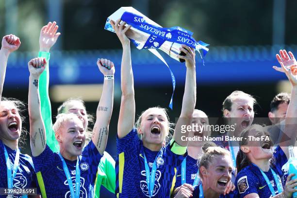 Magdalena Erliksson of Chelsea lifts the WSL Trophy with her team during the Barclays FA Women's Super League match between Chelsea Women and...