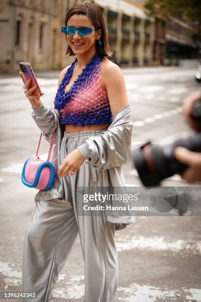 Maxine Wylde is seen wearing Khris Joy set, Chet lo top, Tom Ford heels, JW Anderson bag at Afterpay Australian Fashion Week 2022 on May 09, 2022 in...