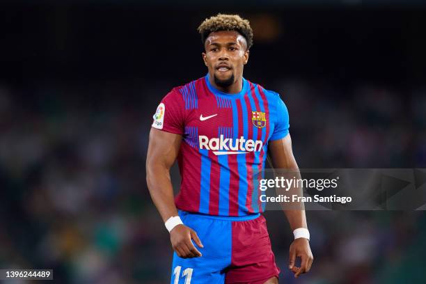 Adama Traore of FC Barcelona looks on during the La Liga Santander match between Real Betis and FC Barcelona at Estadio Benito Villamarin on May 07,...