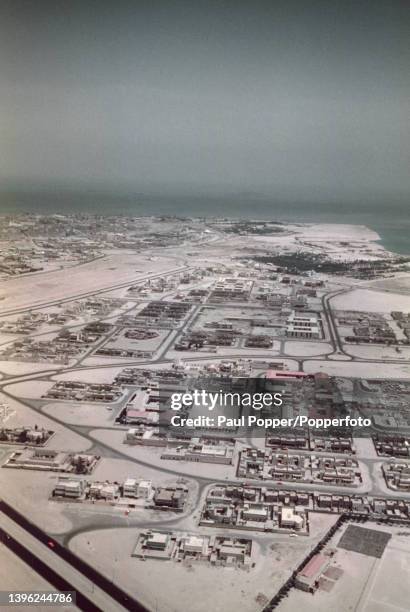 Aerial view of buildings in Kuwait City, the capital of Kuwait on the south shore of Kuwait Bay on the Persian Gulf, circa 1965.