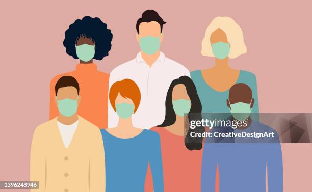 multiethnic group of people wearing protective face masks - man difficulty breathing stock illustrations