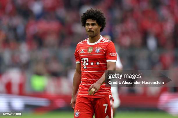 Serge Gnabry of FC Bayern München looks on during the Bundesliga match between FC Bayern München and VfB Stuttgart at Allianz Arena on May 08, 2022...