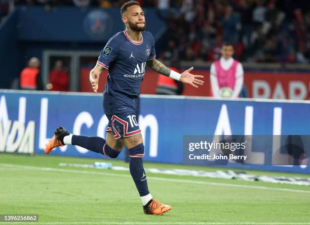 Neymar Jr of PSG celebrates his goal - ultimately cancelled - during the Ligue 1 Uber Eats match between Paris Saint-Germain and ESTAC Troyes at Parc...