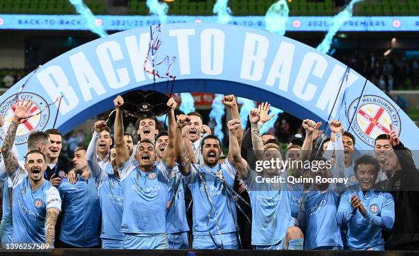 Melbourne City pose with the Premiers Plate during the A-League Men's match between Melbourne City and Wellington Phoenix at AAMI Park, on May 09 in...