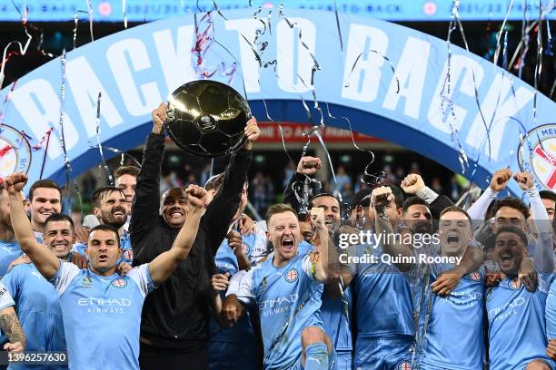 Melbourne City pose with the Premiers Plate during the A-League Men's match between Melbourne City and Wellington Phoenix at AAMI Park, on May 09 in...