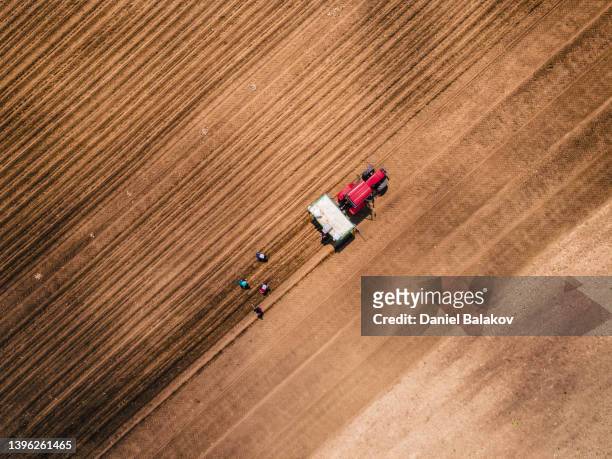 aerial view of tractor plowing and farmers sowing an agricultural field. - plowed field stock pictures, royalty-free photos & images