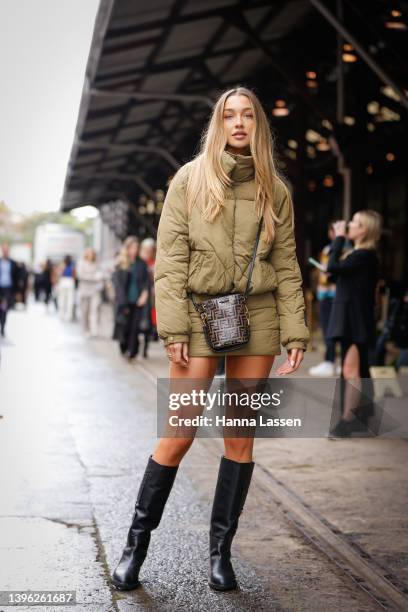 Sammy Robinson is seen wearing OneMill puff jacket and skirt and Fendi bag at Afterpay Australian Fashion Week 2022 on May 09, 2022 in Sydney,...