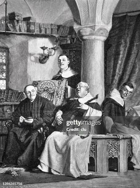 monks singing the high c in a monastery - singing quartet stock illustrations