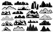 abstract mountains and hills graphic set, isolated vector illustration