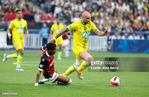 Nicolas Pallois of Nantes, Hicham Boudaoui of Nice during the French Cup Final between OGC Nice and FC Nantes at Stade de France on May 7, 2022 in...