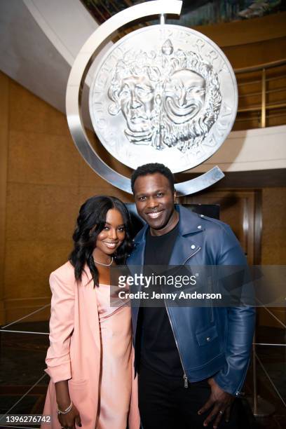 In this image released on May 9th Adrienne Warren and Joshua Henry co-host the 75th Annual Tony Awards Nominations Announcement at the Sofitel Hotel...