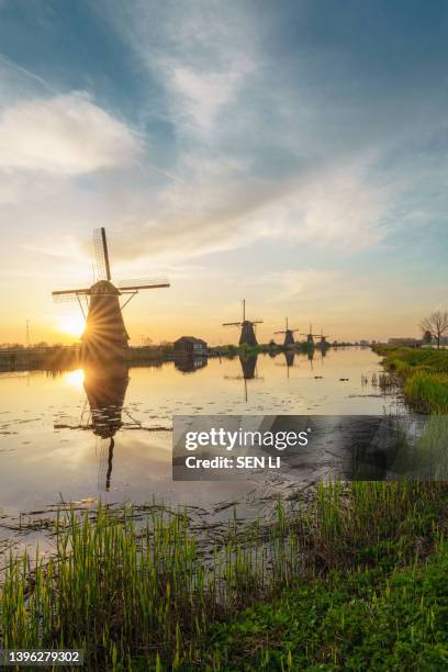 unesco werelderfgoed kinderdijk molens, ancient windmills at dusk in kinderdijk in netherlands - unesco werelderfgoed stock pictures, royalty-free photos & images