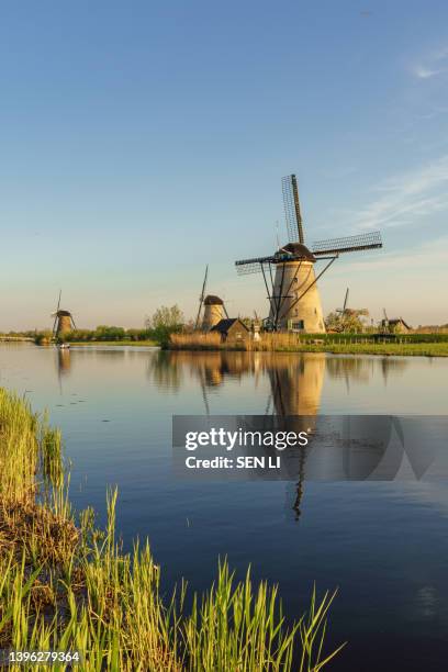 unesco werelderfgoed kinderdijk molens, ancient windmills at dusk in kinderdijk in netherlands - unesco werelderfgoed stock pictures, royalty-free photos & images