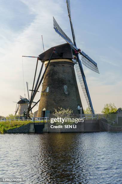 unesco werelderfgoed kinderdijk molens, ancient windmills at dusk in kinderdijk in netherlands - unesco werelderfgoed stock pictures, royalty-free photos & images