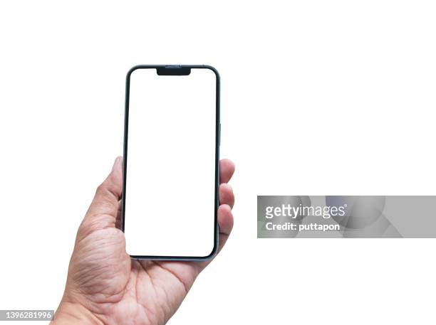close up of man hand holding smartphone on white background, cropped hand using smartphone on the background white - stock photo - stock photo - body men close up stock-fotos und bilder