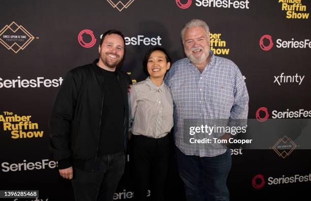 Alec Ring, Angie Han and Jim O’Heir pose on the red carpet at the Season 8 Centerpiece event during SeriesFest at Red Rocks Amphitheatre on May 08,...