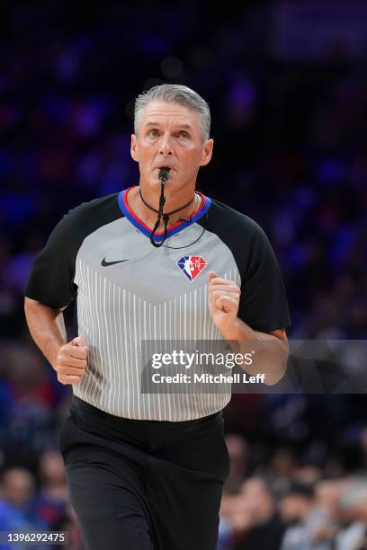 Referee Scott Foster runs up the court during Game Four of the 2022 NBA Playoffs Eastern Conference Semifinals between the Miami Heat and...