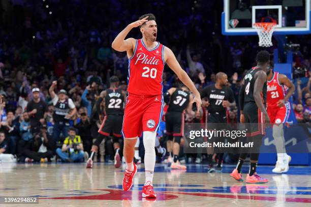 Georges Niang of the Philadelphia 76ers reacts against the Miami Heat during Game Four of the 2022 NBA Playoffs Eastern Conference Semifinals at the...