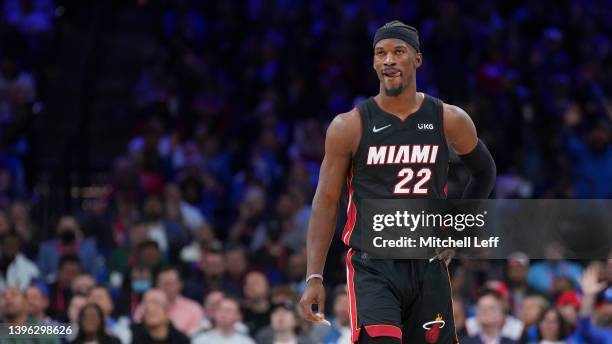 Jimmy Butler of the Miami Heat looks on against the Philadelphia 76ers during Game Four of the 2022 NBA Playoffs Eastern Conference Semifinals at the...