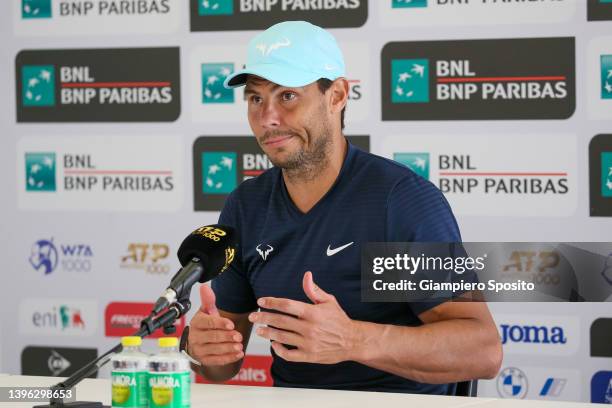 Rafael Nadal of Spain attends a press conference on day two of the Internazionali BNL D'Italia at Foro Italico on May 09, 2022 in Rome, Italy.