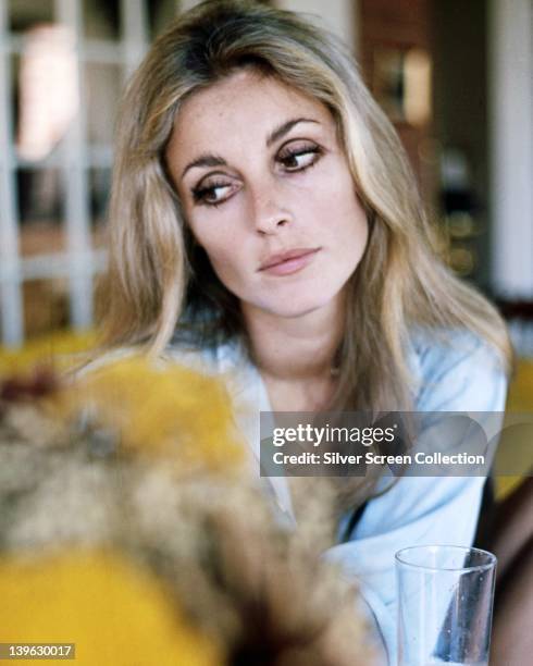 Sharon Tate , US actress, wearing a light blue blouse, circa 1965.