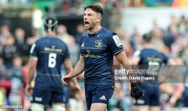 Hugo Keenan of Leinster shouts instructions during the Heineken Champions Cup Quarter Final match between Leicester Tigers and Leinster Rugby at...