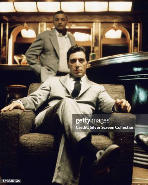 Al Pacino, US actor, sitting in an armchair in a publicity still issued for the film, 'The Godfather Part II', 1974. The mafia drama, directed by...
